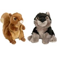 Bosdieren zachte pluche knuffels 2x stuks - Eekhoorn en Grijze Wolf van 18 cm - Knuffeldier - thumbnail