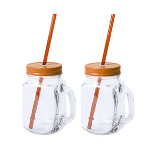 12x stuks glazen Mason Jar drinkbekers oranje dop/rietje 500 ml