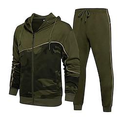 Voor heren Trui met capuchon Trainingspak Hoodie met volledige rits sweatsuit Leger Groen Khaki Grijs Capuchon Kleurenblok Camouflage Kleur Lapwerk 2-stuks Sport Outdoor Dagelijks Feestdagen Lightinthebox