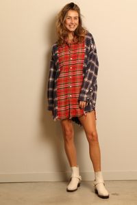 R13 R13 - blouse - DROP NECK COMBO WORKSHIRT - NAVY W/RED PLAID