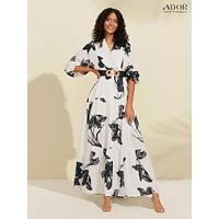 Dames Swingjurk Jurk met print Maxi-jurk Zwart-wit Bloem / Planten Denim Met riem Zomer V-hals Vakantie Patroon jurk S M L - thumbnail