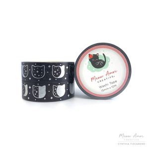 Meow Amor Creative Black Cat Moonphase Silver Foil Washi Tape