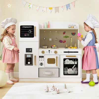 Speelkeuken met Krijtbord Ijsblokjesmachine Gootsteen Stoffen Lade en Vaatwasser Keukenset met Oplichtende Magnetron Wit