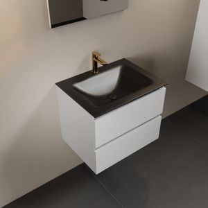 MONDIAZ AIVY 60cm badmeubel Talc, wastafel Urban solid surface midden 1 kraangat met spiegel (AI-351111URBAN-SI - AI-M60TAMI - AI-S60X70)