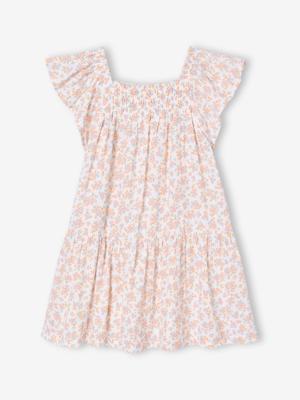 Jurk voor meisjes met smockwerk en bloemenprint vanille