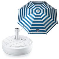 Tuin parasol met voet van 10 liter - blauw/wit strepen - polyester/kunststof - Dia 199 cm