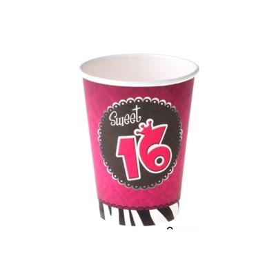 Verjaardag feest bekertjes - 8x stuks - 16 jaar - Sweet 16 - karton