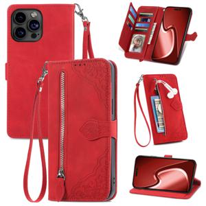 iPhone 13 Pro Max hoesje - Bookcase - Koord - Pasjeshouder - Portemonnee - Bloemenpatroon - Kunstleer - Rood