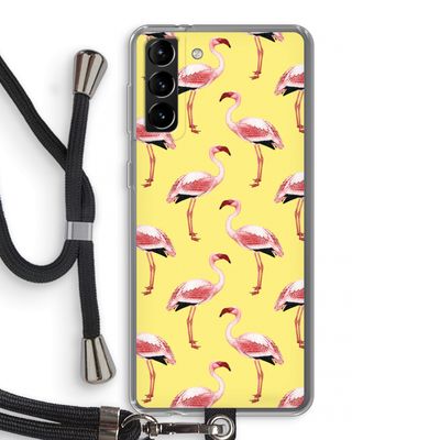 Flamingo's geel: Samsung Galaxy S21 Plus Transparant Hoesje met koord