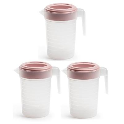Waterkannen met deksel - 3x stuks - 1 liter - roze/ transparant - kunststof - schenkkan karaf