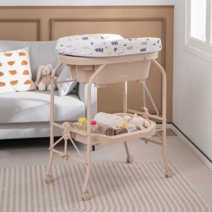 Baby Verschoontafel met Badkuip Draagbaar Kinderdagverblijf Station met PVC Pad Opvouwbaar Luier Verschoon Station met 4 Universele Wielen
