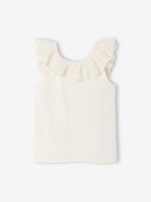 Mouwloze sweater met ruches van Engels borduursel voor meisjes ecru