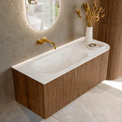 Mondiaz KURVE-DLUX 115 cm Onderkast Greeploos 1 Lade Met Deuren Walnut, Wastafel Solid Surface Links Ostra 0 Kraangaten Zonder Spiegel (KRVBGS115R1L1D0KL-Wal/Ost)