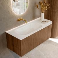 Mondiaz KURVE-DLUX 115 cm Onderkast Greeploos 1 Lade Met Deuren Walnut, Wastafel Solid Surface Links Ostra 0 Kraangaten Zonder Spiegel (KRVBGS115R1L1D0KL-Wal/Ost)