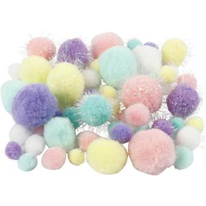 Pompons knutsel set - 62 grams - pastel kleuren - 15-40 mm - hobby/knutsel materialen