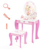 Kinderen Kaptafel Set Houten Prinses Kaptafel met Krukje Afneembare Spiegel en Opberglade Kaptafel Set Roze