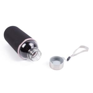Drinkfles/waterfles - 420 ml - zwart - glas - met hoes - 6 x 19 cm