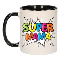 Cadeau koffie/thee mok voor mama - zwart - super mama - keramiek - 300 ml - Moederdag