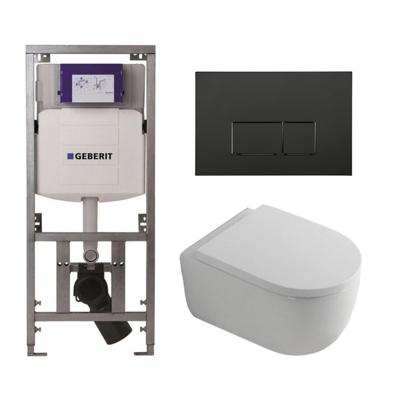 QeramiQ Dely Swirl Toiletset - 36.3x51.7cm - Geberit UP320 Burda inbouwreservoir - 35mm zitting - mat zwarte bedieningsplaat - rechthoekige knoppen - wit glans SW1000767/Sw1026256/0701131/SW706189