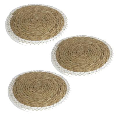 Gerimport Pannen onderzetters - Set van 3x stuks - zeegras - rond - 28x28 cm - naturel/wit