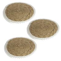 Gerimport Pannen onderzetters - Set van 3x stuks - zeegras - rond - 28x28 cm - naturel/wit