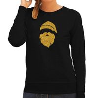 Kerstman hoofd Kerst sweater / trui zwart voor dames met gouden glitter bedrukking