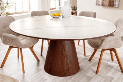 Ronde eettafel UNIQUE 120cm Wit Bruin Walnoot Hout Keramiek Marmeren Kolom Onderstel - 45144