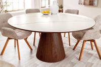 Ronde eettafel UNIQUE 120cm Wit Bruin Walnoot Hout Keramiek Marmeren Kolom Onderstel - 45144