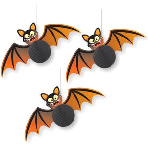 3x stuks halloween thema hangende vleermuis decoratie zwart/oranje 30 cm