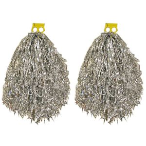 2x Stuks cheerball/pompom zilver met ringgreep 33 cm