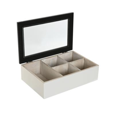 Theedoos Fusion - 6-vaks - wit / zwart - hout - 23 x 15 x 7 cm - doorzichtige deksel - theezakjes op