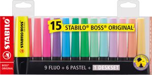 STABILO BOSS ORIGINAL, markeerstift, 15 stuks deskset. 9 standaard kleuren + 6 pastel kleuren