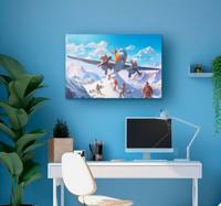 Game karakters op vliegtuig en bergen canvas