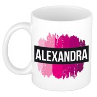 Alexandra naam / voornaam kado beker / mok roze verfstrepen - Gepersonaliseerde mok met naam - Naam mokken