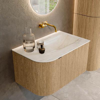 Badmeubel Mondiaz Kurve-Dlux | 75 cm | Meubelkleur Oak | Wastafelkleur Ostra | Solid surface | Rechts spoelbak | Zonder kraangat(en)