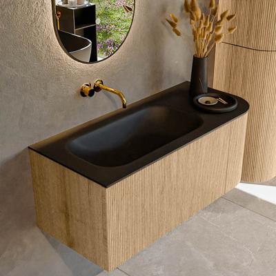 Mondiaz KURVE 105 cm Onderkast Greeploos 1 Lade Met Deuren Oak, Wastafel Solid Surface Links Urban 0 Kraangaten Zonder Spiegel (KRVBGS105R1L1D0KL-Oak/Urb)