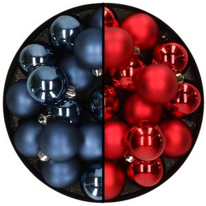 32x stuks kunststof kerstballen mix van donkerblauw en rood 4 cm - Kerstbal