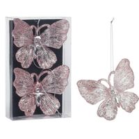 Christmas Decoration kersthangers vlinders - 2x -transparant/roze 15 cm - Kersthangers