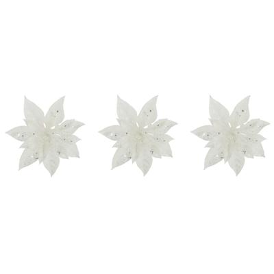Decoratie bloem - 4x stuks - kerstster - op clip - wit - glitter -15 cm - kunststof - kerstversierin