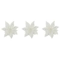 Decoratie bloem - 4x stuks - kerstster - op clip - wit - glitter -15 cm - kunststof - kerstversierin