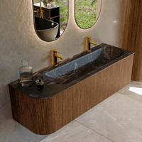 Mondiaz KURVE-DLUX 145 cm Onderkast Greeploos 1 Lade Met Deuren Walnut, Wastafel Solid Surface Rechts Lava 2 Kraangaten Zonder Spiegel (KRVBGL145L1L1D2KR-Wal/Lav)