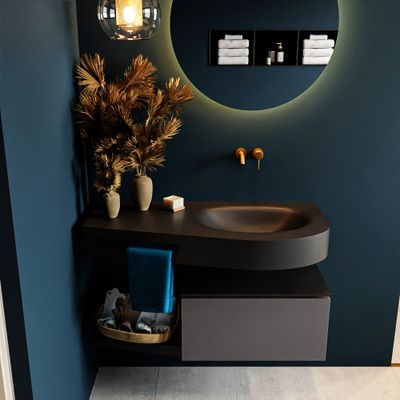 MONDIAZ RIVA 100cm badmeubel onderkast / planchet kleur Dark_Grey met 1 lade. Wastafel DULCET rechts 0 kraangaten kleur Urban. MONDIAZ RIVA 100cm badmeubel onderkast / planchet kleur Dark_Grey met 1 lade. Wastafel DULCET rechts 0 kraangaten kleur Urban.