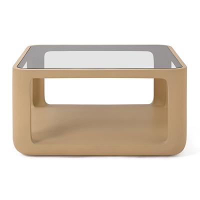 Salontafel Yobeko Mudstone textuur en glas 80x80cm