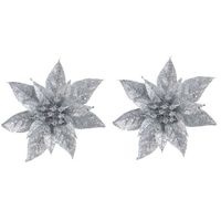 2x Kerstversieringen glitter kerstster zilver op clip 15 cm   - - thumbnail