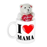 Moederdag cadeau I Love Mama beker / mok 300 ml met beige knuffelbeertje met love hartje - thumbnail