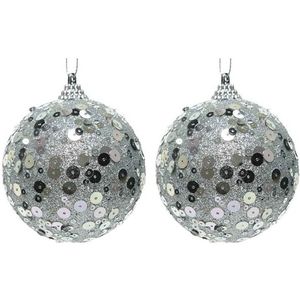2x Kerstballen zilveren glitters 8 cm met pailletten kunststof kerstboom versiering/decoratie   -