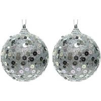 2x Kerstballen zilveren glitters 8 cm met pailletten kunststof kerstboom versiering/decoratie   -