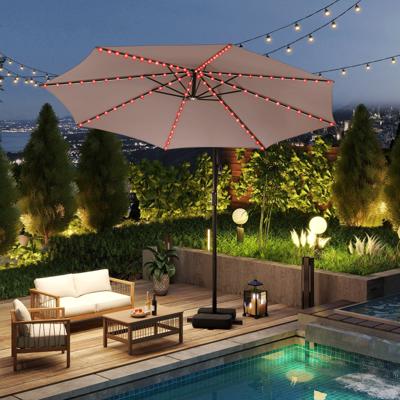 300 cm Parasol met LED-verlichting 9 modi Zweefparasol met Zandzakken & Slinger Verstelbare Hellingshoek Bruin