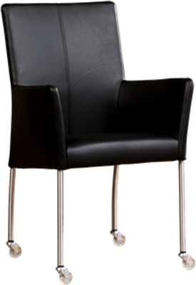 Zwarte leren moderne eetkamerstoel Comfort - poot rond rvs met wiel - Toledo Leer Nero (zwart leer)