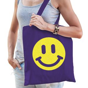 Cadeau tas voor dames - glitter smiley - paars - katoen - 42 x 38 cm - Moederdag - verjaardag